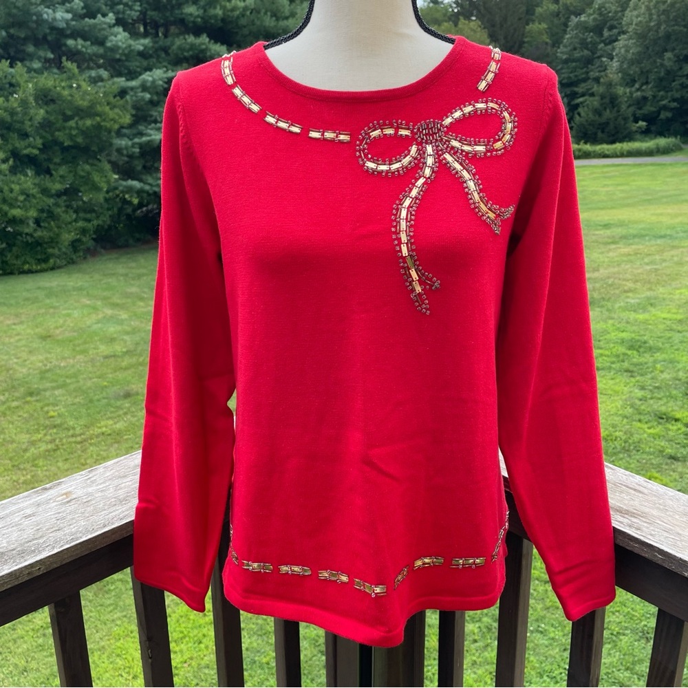 Nolan Miller sweater ugly Christmas holiday beads sequins gift bow red vtg small